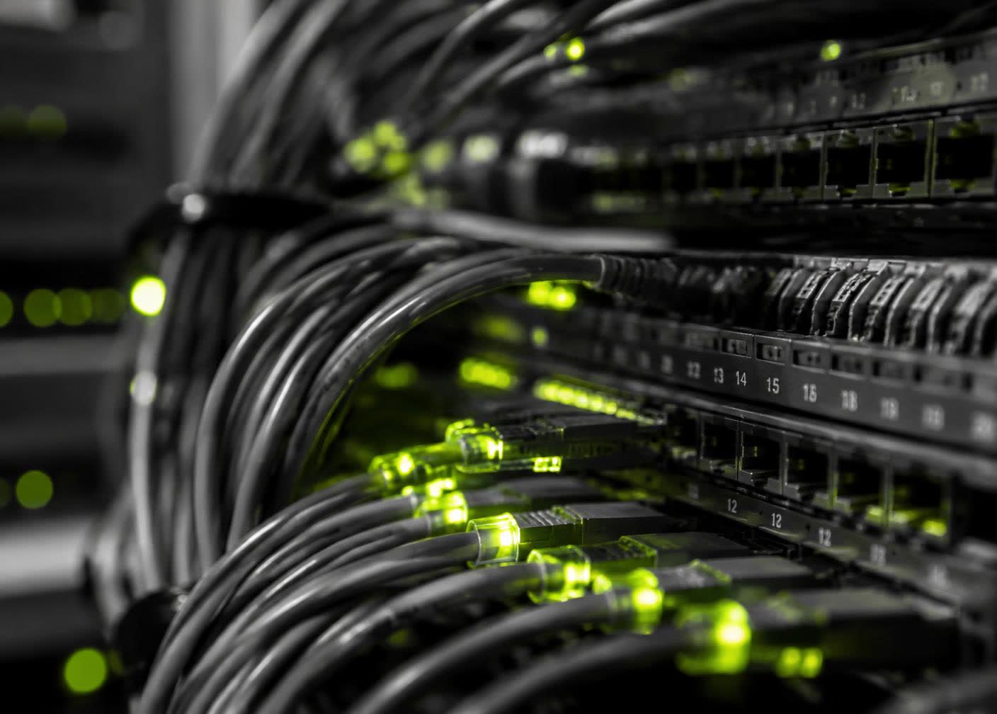 Close-up of network patch cables with glowing green connectors in a switch panel